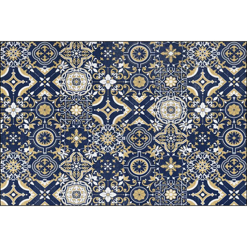 Blue Bedroom Rug Moroccan Flower Square Pattern Rug Polyester Non-Slip Back Rug