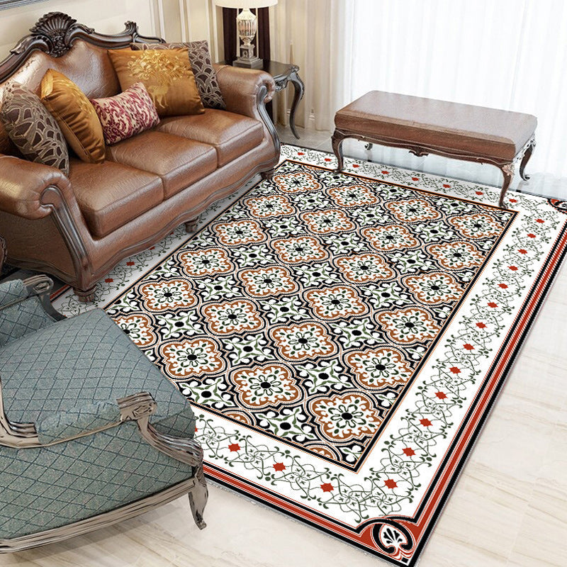 Persian Moroccan Carpet in Brown Geometric Floral Pattern Carpet Polyester Non-Slip Back Carpet for Home Decor