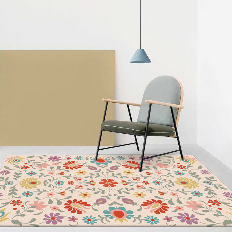 Vintage Floral Pattern Rug Pink Polyester Rug Machine Washable Non-Slip Rug for Bedroom