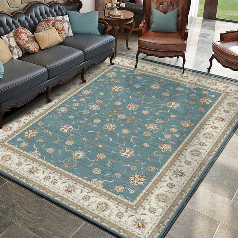 Blue and Khaki Classic Rug Polyester Floral Pattern Rug Washable Non-Slip Back Rug for Living Room