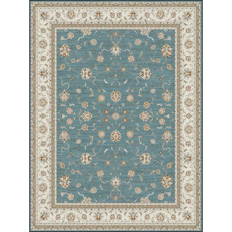 Blue and Khaki Classic Rug Polyester Floral Pattern Rug Washable Non-Slip Back Rug for Living Room