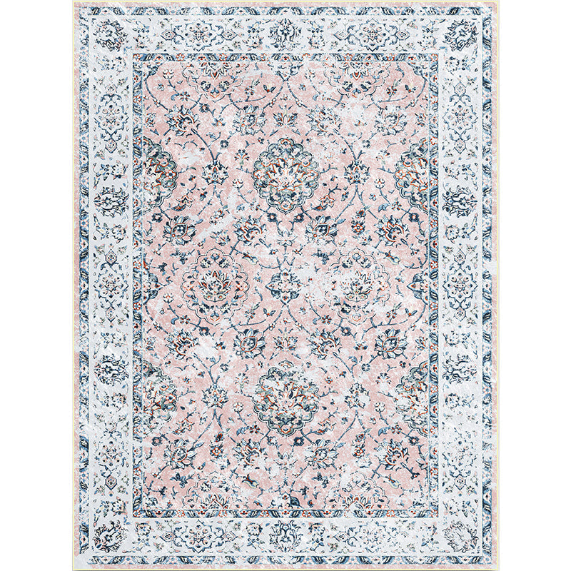Shabby Chic Floral Pattern Rug Light Pink and Blue Polyester Rug Machine Washable Non-Slip Area Rug for Bedroom