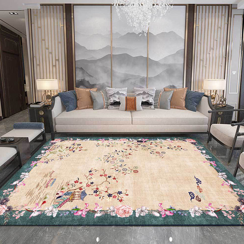 Light brown vintage carpet made of polyester with floral pattern, washable, non-slip back, carpet for the living room
