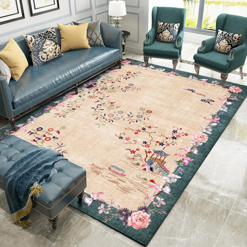 Light brown vintage carpet made of polyester with floral pattern, washable, non-slip back, carpet for the living room