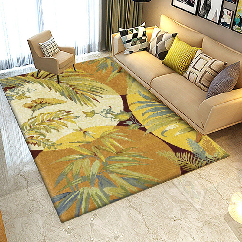 Retro Leaf Pattern Carpet Yellow Classic Carpet Polyester Washable Non-Slip Backing Carpet for Living Room