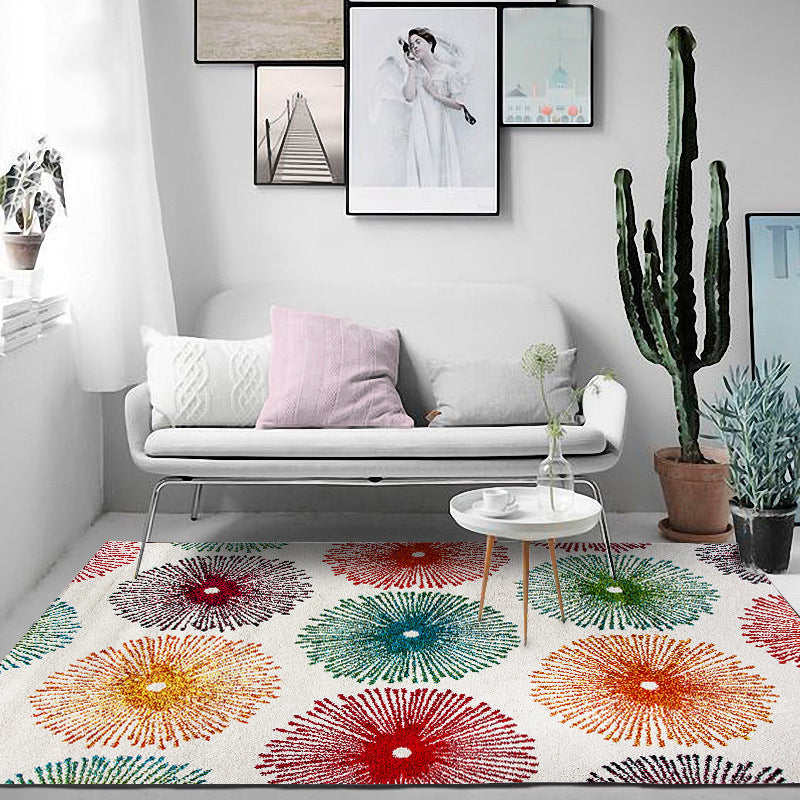 White multicolor contemporary rug polyester radial pattern rug washable non-slip backing rug for the living room