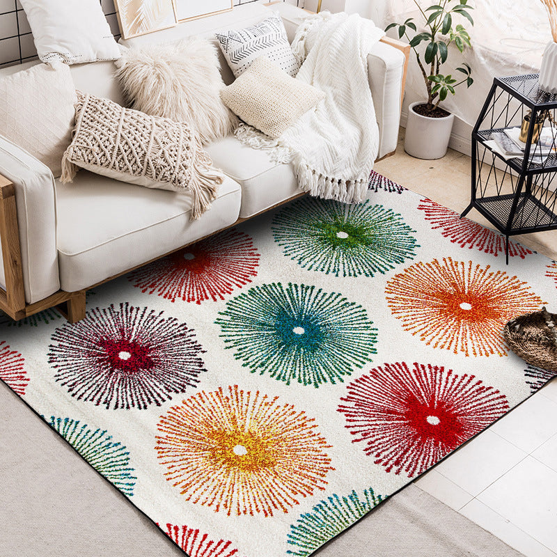 White multicolor contemporary rug polyester radial pattern rug washable non-slip backing rug for the living room