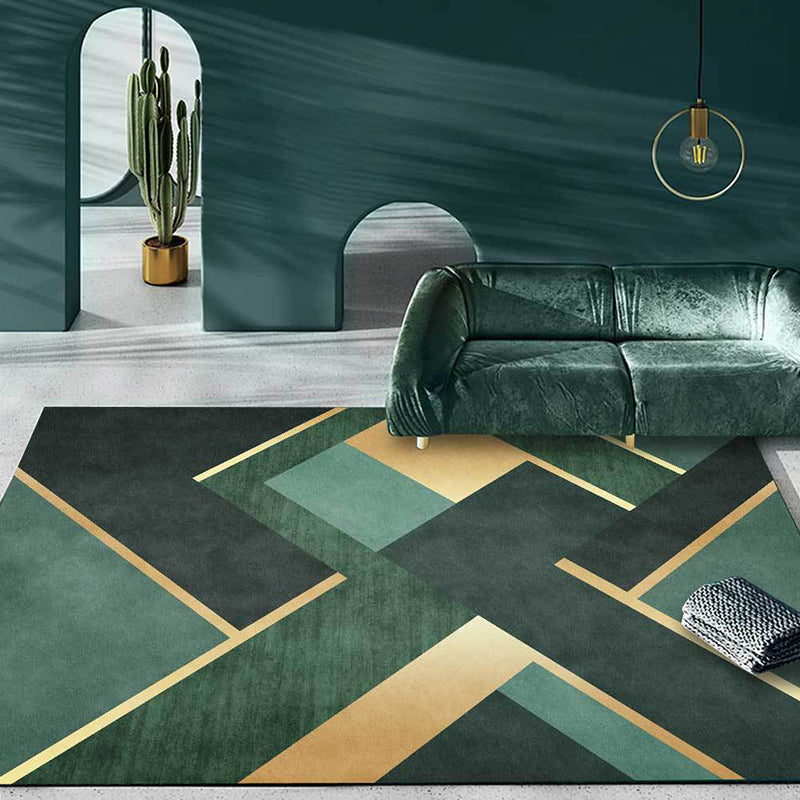Nordic geometric patterned carpet green and golden polyester carpet machine washable non-slip carpet for the bedroom