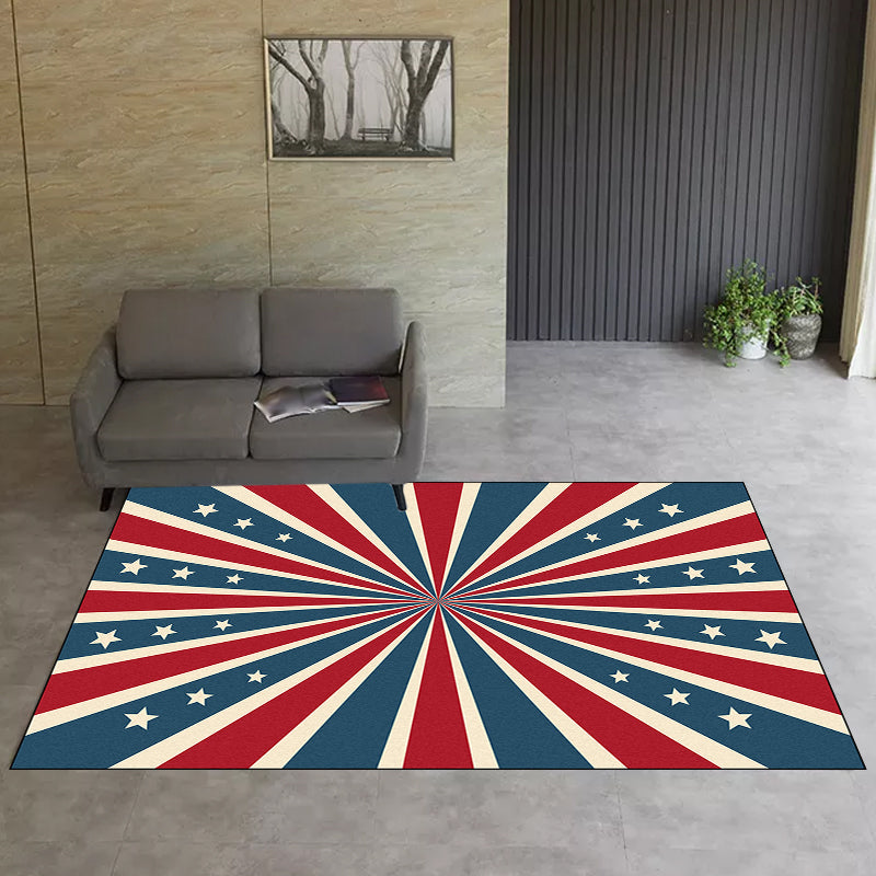 Contemporary radially symmetrical carpet with star blue and red polyester machine washable non-slip rug for the bedroom