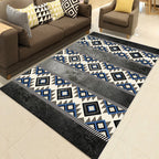 Southwest Living Room Rug in Black and Blue Geometric Diamond Pattern Rug Polyester Non-Slip Rug