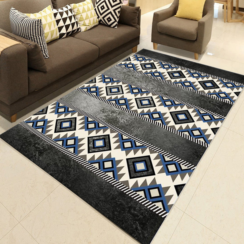 Southwest Living Room Rug in Black and Blue Geometric Diamond Pattern Rug Polyester Non-Slip Rug