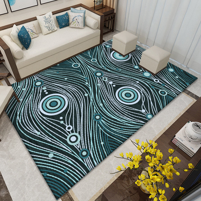Southwest Living Room Rug in White and Blue Circle Line Print Rug Polyester Stain Resistant Area Rug