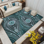 Southwest Living Room Rug in White and Blue Circle Line Print Rug Polyester Stain Resistant Area Rug