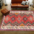 Red Bedroom Rug Southwestern Geometric Diamond Wave Pattern Rug Polyester Non-Slip Backing Rug