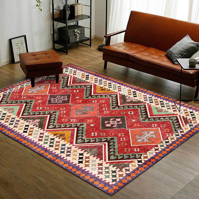 Red Bedroom Rug Southwestern Geometric Diamond Wave Pattern Rug Polyester Non-Slip Backing Rug