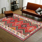 Red Bedroom Rug Southwestern Geometric Diamond Wave Pattern Rug Polyester Non-Slip Backing Rug