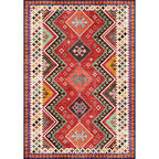 Red Bedroom Rug Southwestern Geometric Diamond Wave Pattern Rug Polyester Non-Slip Backing Rug