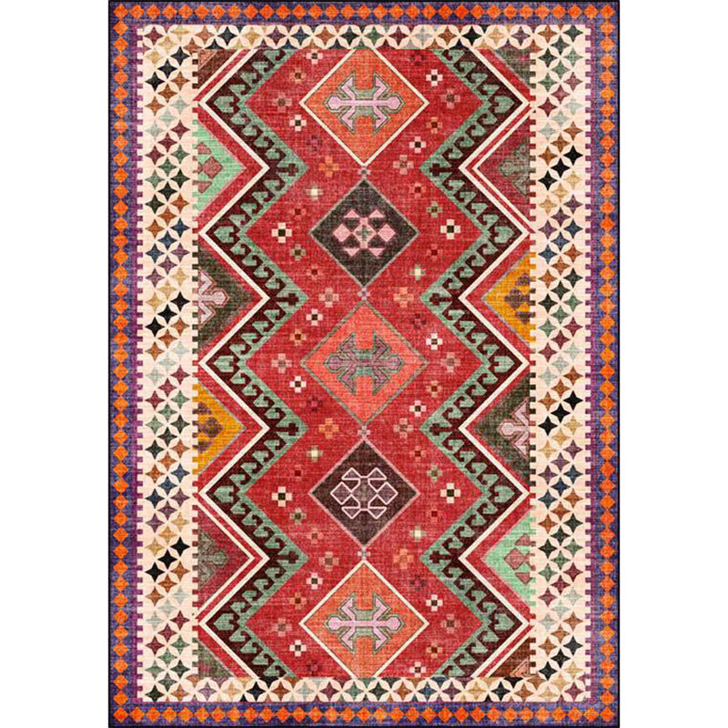 Red Bedroom Rug Southwestern Geometric Diamond Wave Pattern Rug Polyester Non-Slip Backing Rug