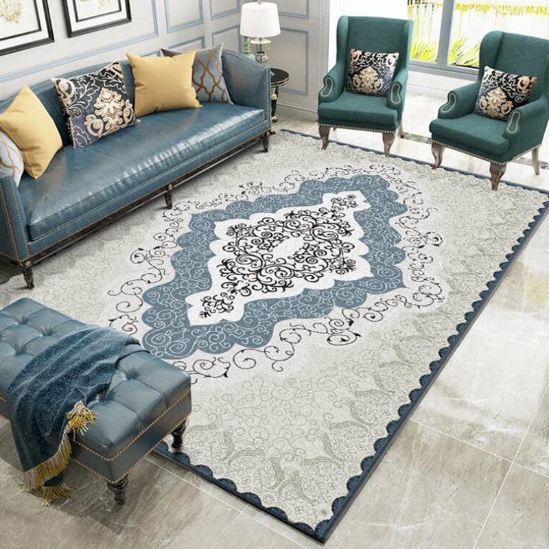 Mediterranean Moroccan rug in blue and gray medallion pattern rug polyester non-slip rug for home decor