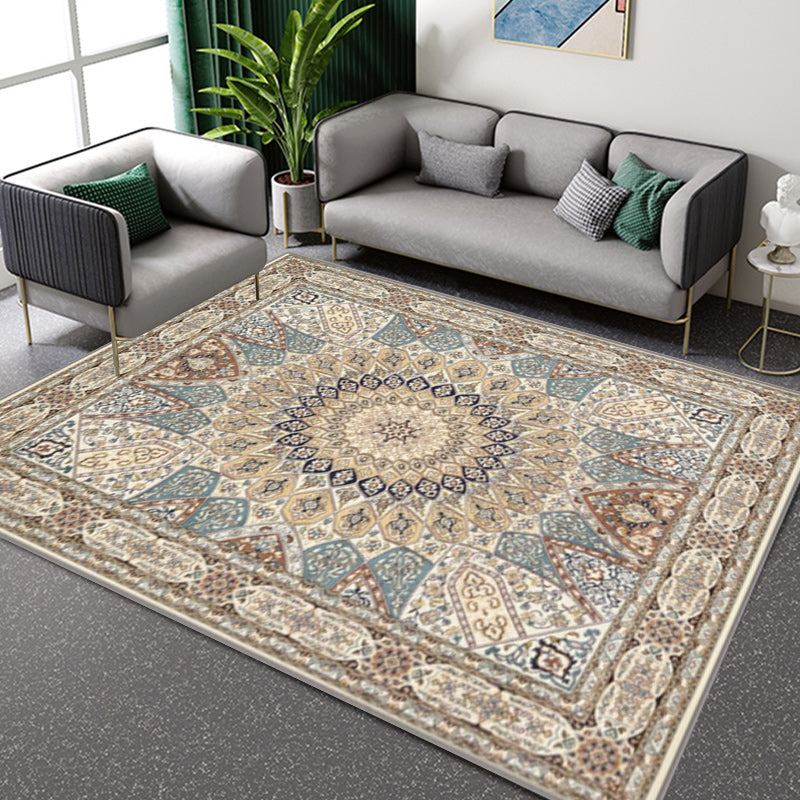 Brown Bedroom Rug Moroccan Medallion Pattern Area Rug Polyester Non-Slip Machine Washable Rug