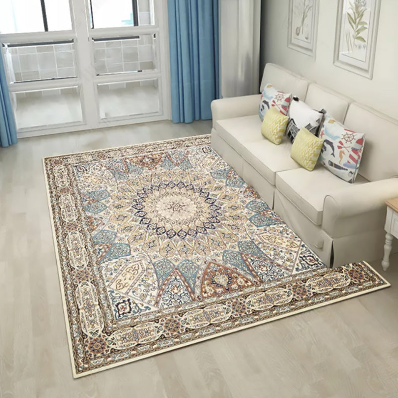 Brown Bedroom Rug Moroccan Medallion Pattern Area Rug Polyester Non-Slip Machine Washable Rug