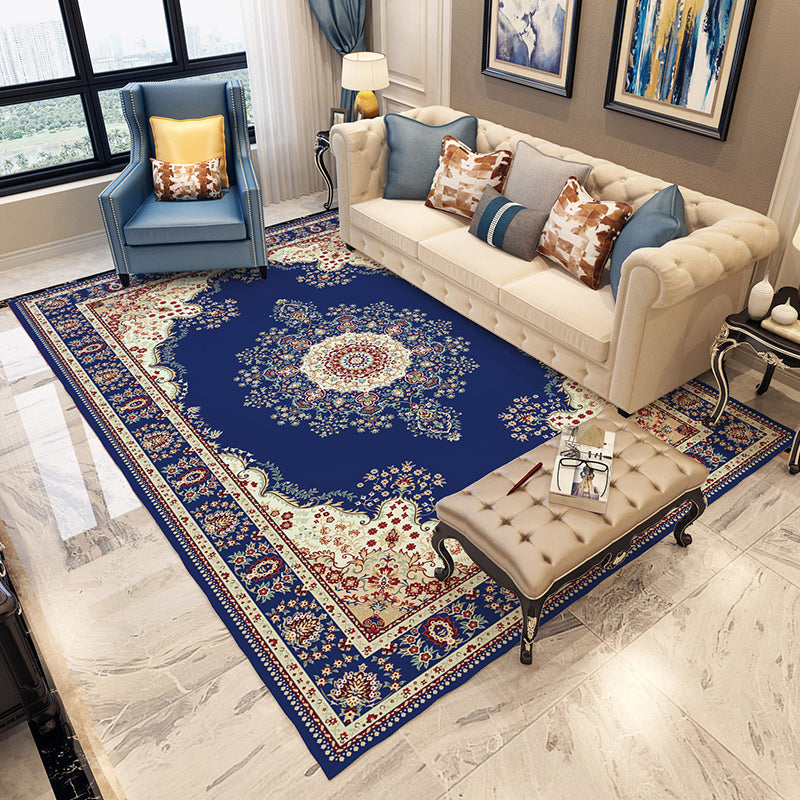 Blue and gray bedroom rug Moroccan medallion floral pattern area rug polyester non-slip washable rug