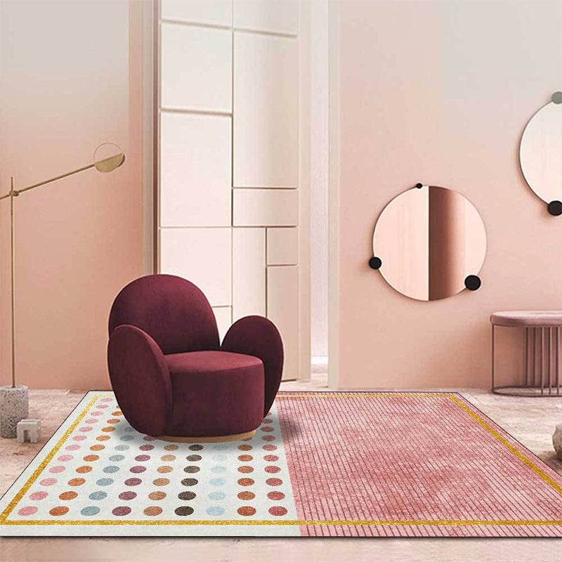 Modern living room rug in pink and gray color block dots stripes print rug polyester non-slip back rug