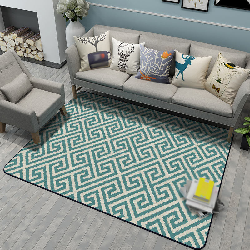 Modern living room carpet in green geometric Greek key print carpet polyester pet-friendly area rug