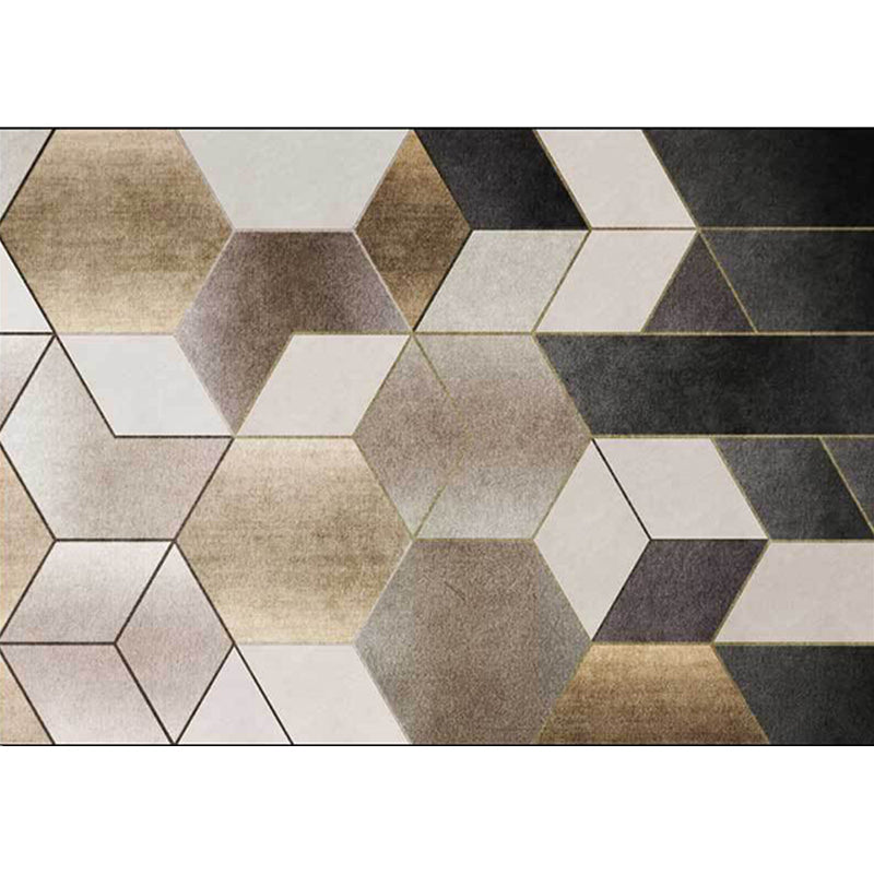 Brown and Black Bedroom Rug Modern Geometry Hexagon Triangle Pattern Rug Made of Polyester Washable Rug