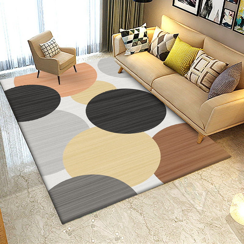 Modern living room rug in Ivory Geometric circle print rug Polyester stain resistant washable rug