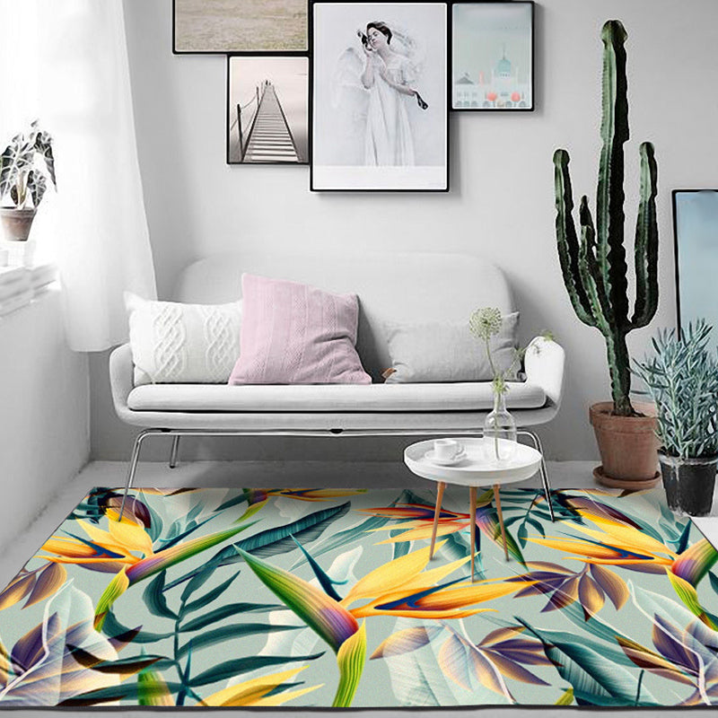 Vintage living room rug in green botanical leaf print rug polyester pet-friendly washable area rug
