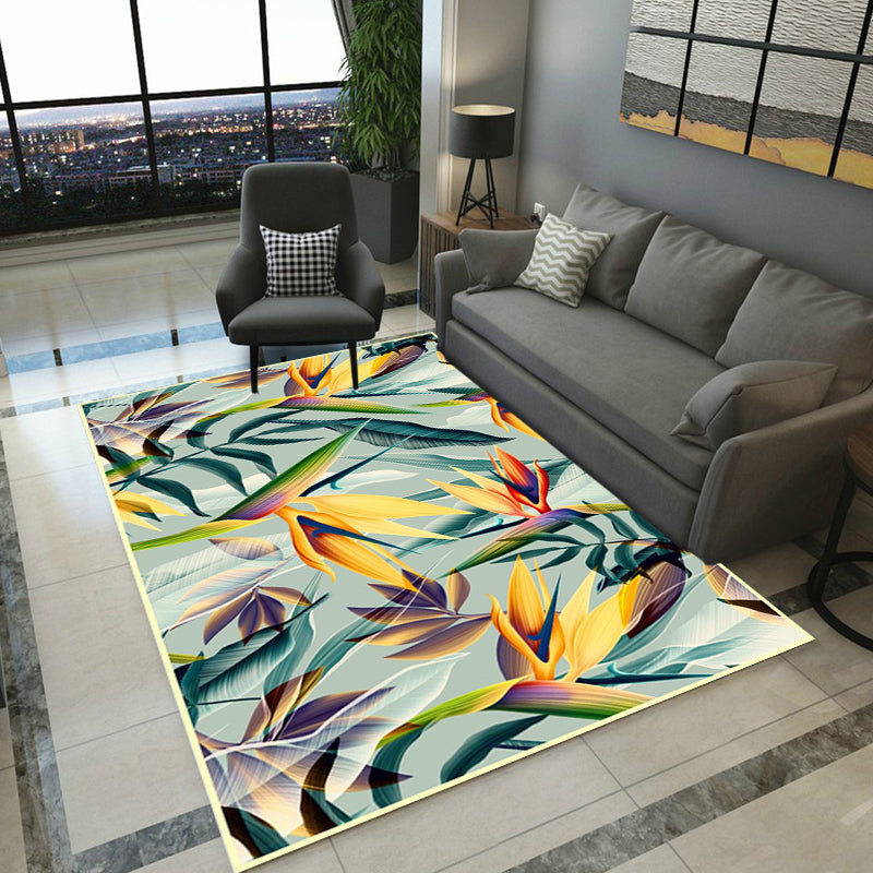 Vintage living room rug in green botanical leaf print rug polyester pet-friendly washable area rug