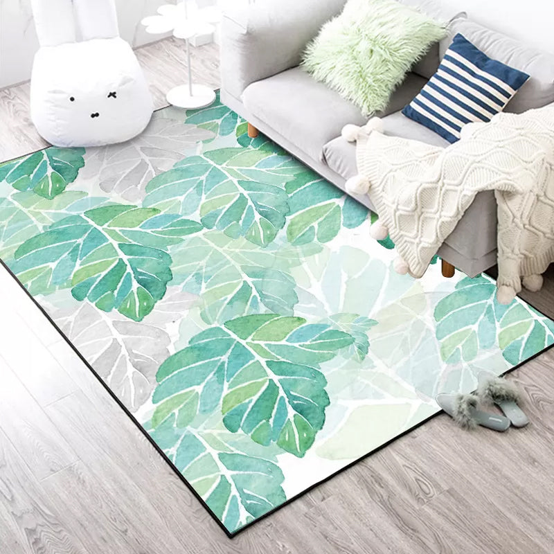 Green and White Bedroom Carpet Tropical Botanical Leaf Pattern Area Rug Polyester Stain-Resistant Washable Rug