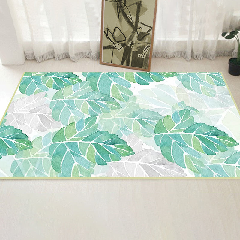 Green and White Bedroom Carpet Tropical Botanical Leaf Pattern Area Rug Polyester Stain-Resistant Washable Rug
