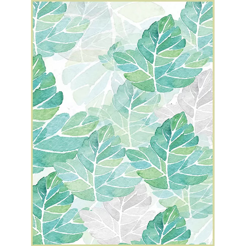 Green and White Bedroom Carpet Tropical Botanical Leaf Pattern Area Rug Polyester Stain-Resistant Washable Rug