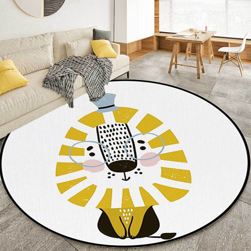 White Children's Room Rug Children's Animal Lion Pattern Rug Polyester Non-Slip Backing Rug