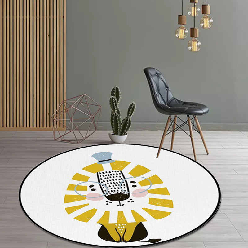 White Children's Room Rug Children's Animal Lion Pattern Rug Polyester Non-Slip Backing Rug
