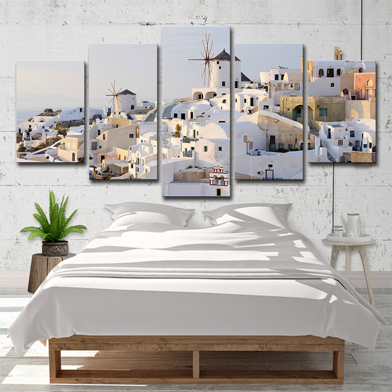 White Santorini Houses Wall Art Multi-Part Globally Inspired Bedroom Canvas Print