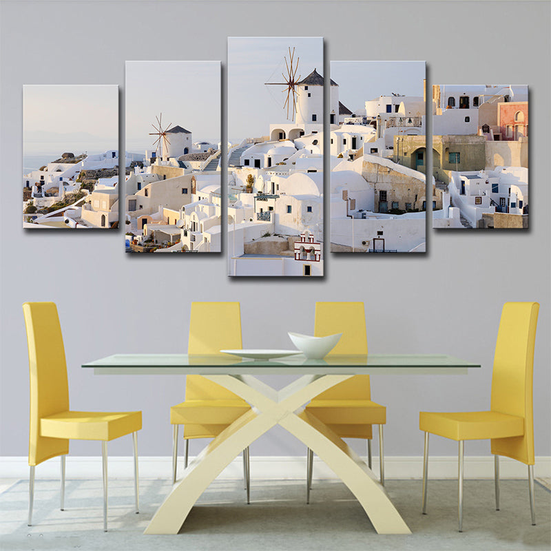 White Santorini Houses Wall Art Multi-Part Globally Inspired Bedroom Canvas Print