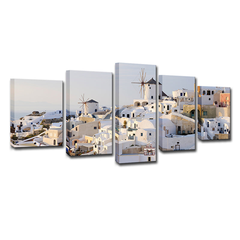 White Santorini Houses Wall Art Multi-Part Globally Inspired Bedroom Canvas Print