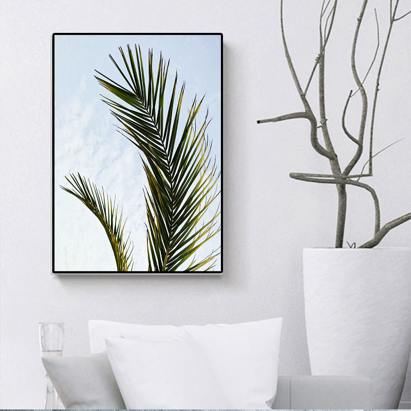 Tropics Palm Tree Branch Canvas Green-Blue Textured Wall Decoration for Dining Room