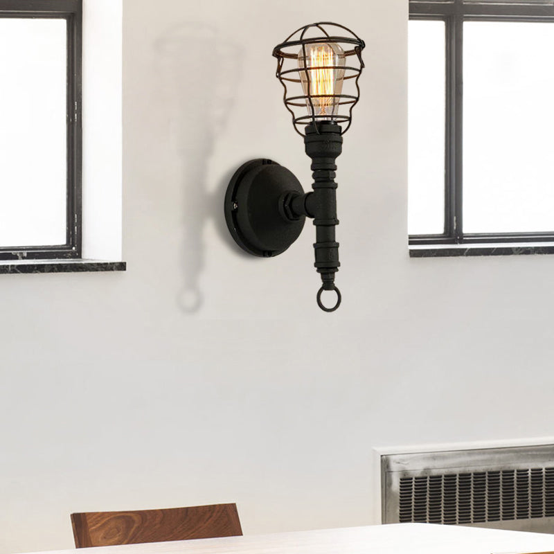 Vintage Industrial Coated Wall Lamp 1 Light Metal Wall Mount Light with Water Pipe in Black for Dining Room