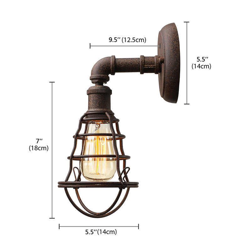 Wire Frame Iron Wall Lamp with Pipe Farmhouse 1 Head Dining Room Mini Wall Lamp in Rust