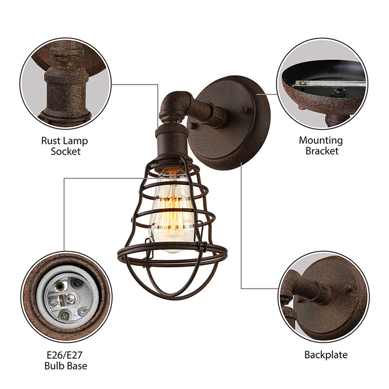Wire Frame Iron Wall Lamp with Pipe Farmhouse 1 Head Dining Room Mini Wall Lamp in Rust