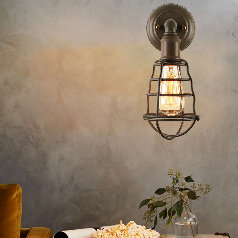 Rust Finish Mini Wall Lamp with Cage Shade Antique Style Iron 1 Light Farmhouse Wall Mount Lighting