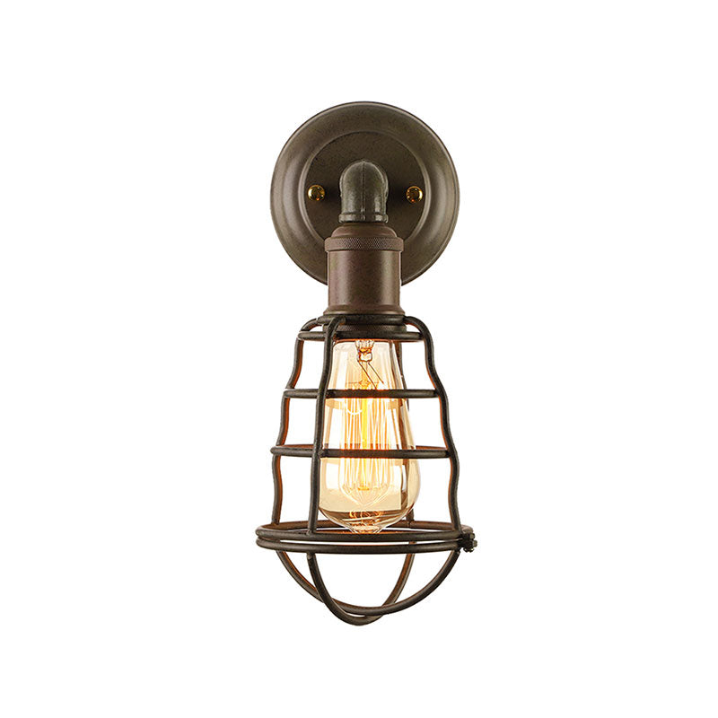 Rust Finish Mini Wall Lamp with Cage Shade Antique Style Iron 1 Light Farmhouse Wall Mount Lighting