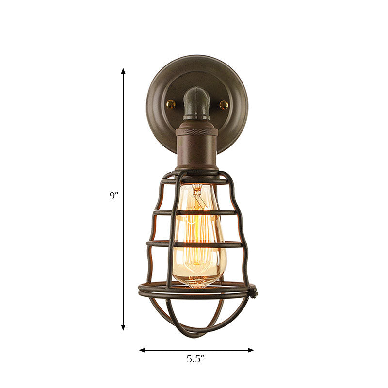 Rust Finish Mini Wall Lamp with Cage Shade Antique Style Iron 1 Light Farmhouse Wall Mount Lighting