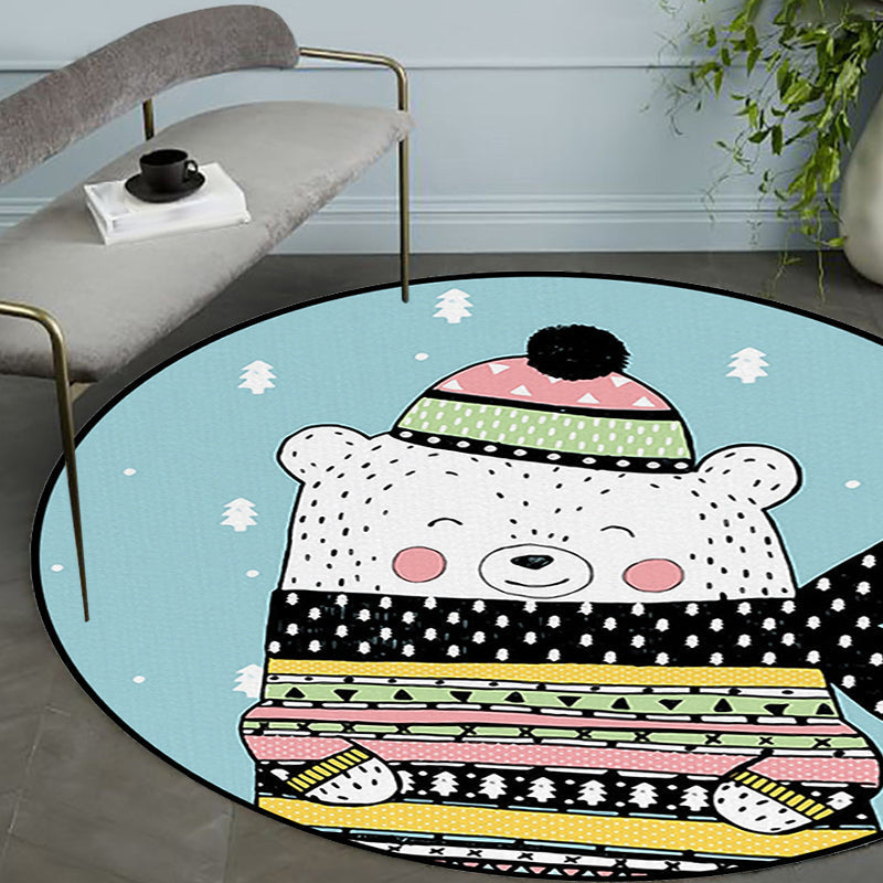 Casual Kids Rug in Blue Animals Bear Trees Pattern Rug Polyester Washable Pet Friendly Carpet for Nursery