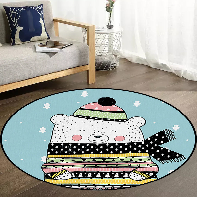 Casual Kids Rug in Blue Animals Bear Trees Pattern Rug Polyester Washable Pet Friendly Carpet for Nursery
