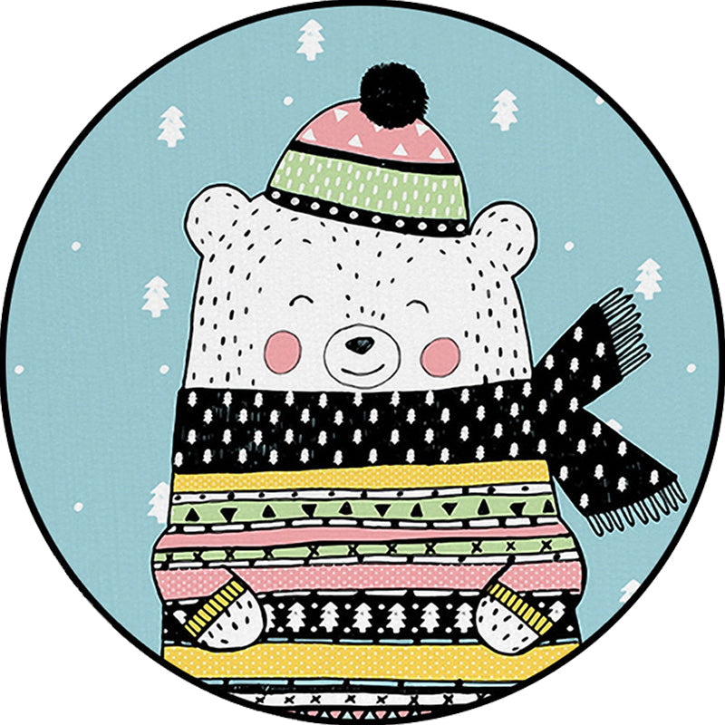 Casual Kids Rug in Blue Animals Bear Trees Pattern Rug Polyester Washable Pet Friendly Carpet for Nursery